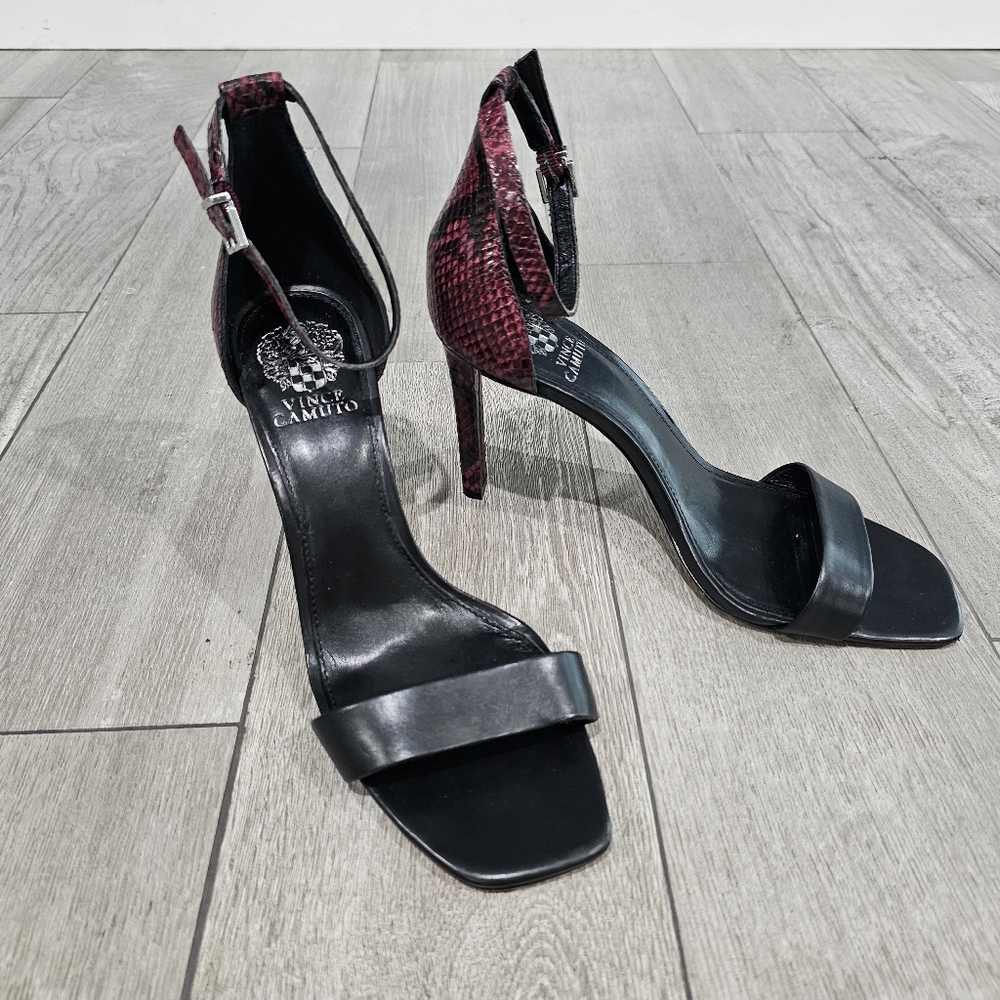 VINCE CAMUTO Lauralie Burgundy Black Snake Print Ankle Strap Stiletto Heels 10M